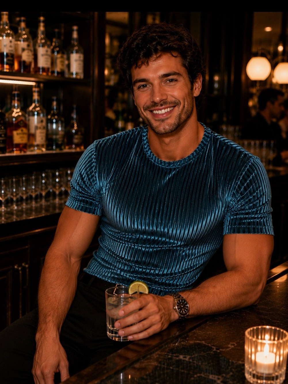 Men's Ribbed Velvet Crewneck Tee in Deep Teal